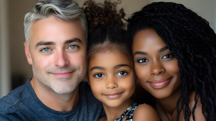 A close-up portrait of a mixed-race family - a white father, a Black mother, and their biracial daughter - all smiling at the camera.