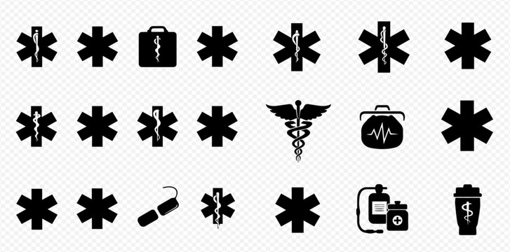 Various black silhouette medical and emergency service icons, featuring multiple Star of Life symbols, a Caduceus, first aid kit, and healthcare equipment.