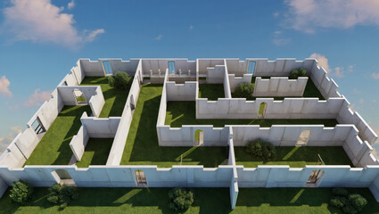 Aerial view of complex building layout with courtyards and open spaces under blue sky