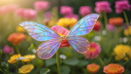 Magical fairy wings butterfly amongst colorful blooming flowers in a dreamy garden