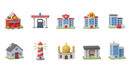 Collection of stylized 3D building icons isolated on a transparent background fire station