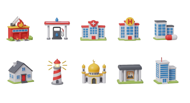 Collection of stylized 3D building icons isolated on a transparent background fire station