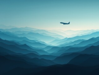 Minimalist vector illustration of airplane flying over layered blue mountains