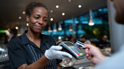 A female cashier wearing gloves processes a customer's payment at a modern café, ensuring health safety and promoting a welcoming environment for patrons.