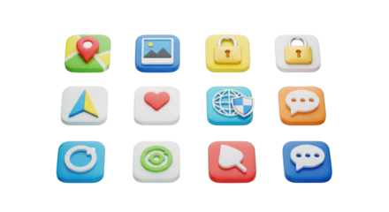 Collection of twelve 3D rendered app icons isolated on a transparent background image