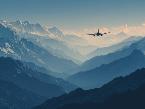 Vector illustration of airplane flying over mountain landscape at sunset