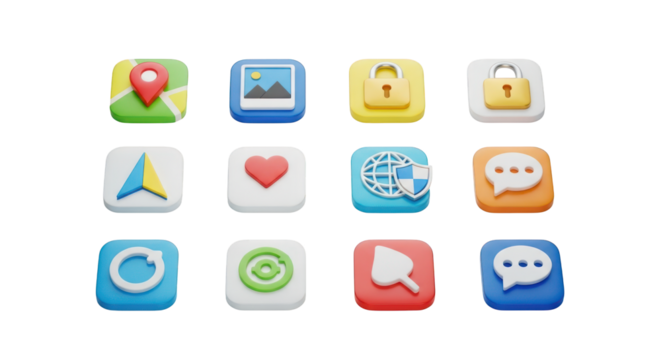 Collection of twelve 3D rendered app icons isolated on a transparent background image