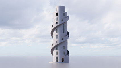 Modern architectural model of a tall building with spiraling walkway and numerous windows