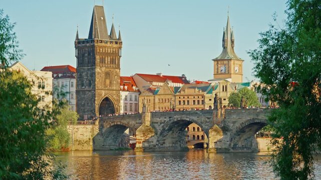 Aerial view of Prague Castle. View from above on the cityscape of Prague, Vltava River, Charles Bridge