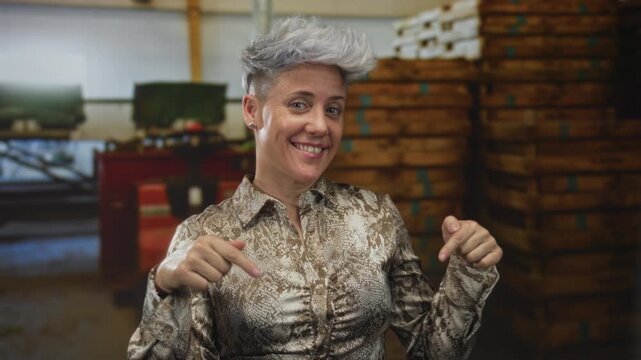 Woman in patterned shirt smiling and pointing fingers at wooden crates in warehouse; invitation focus emphasis engagement.