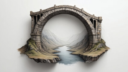 Ancient stone bridge archway over a mystical river landscape with detailed textures