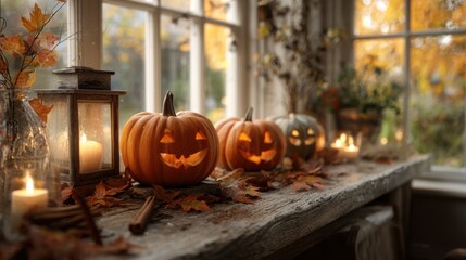 Obraz premium atmospheric photo of halloween pumpkin in autumn forest. pumpkin. halloween. autumn atmosphere