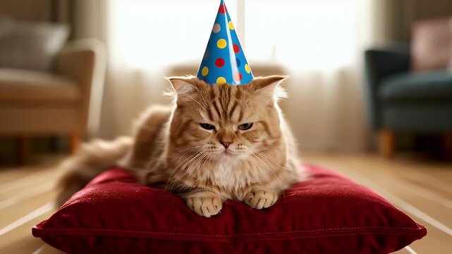 Adorable ginger cat in a polka dot party hat, looking unimpressed while celebrating a birthday on a red cushion