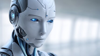 futuristic humanoid robot close up, metallic details, glowing blue eyes, minimalistic background, soft natural light
