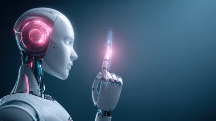 futuristic humanoid AI robot interacting with holographic interface, glowing neon details, minimalistic background