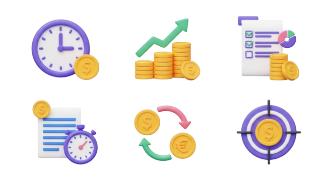 Financial Icons Clock Growth Checklist Currency Exchange Target isolated on a transparent background