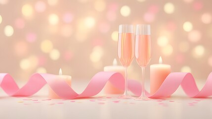 Aesthetic New Year Champagne glasses with pink ribbon and candles create a festive, romantic atmosphere.