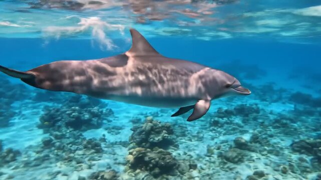 Dolphin swimming over coral reef in clear blue ocean water