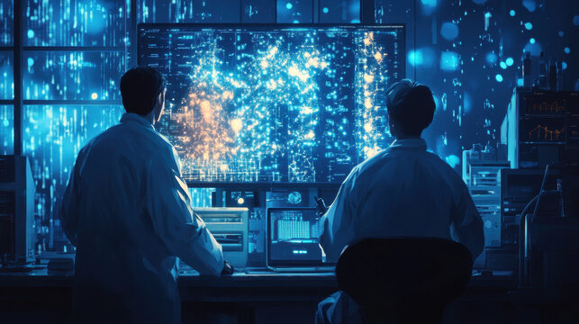 Scientists Analyzing Data on Screen in Dark Research Lab Environment