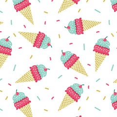 Summer seamless pattern with hand drawn ice cream. Modern Sweet pink texture for fabric, textile, wallpaper. Vector illustration