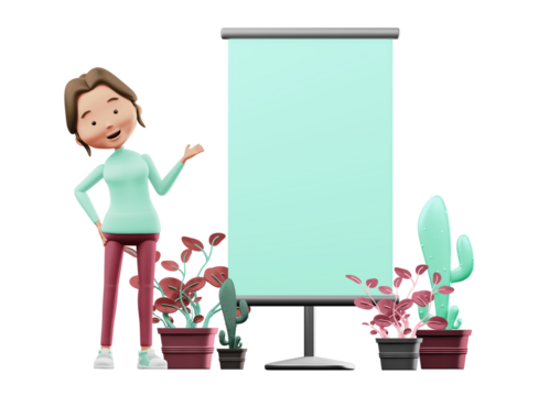 Smiling Woman Presents on Blank Board with Plants on Transparent Background