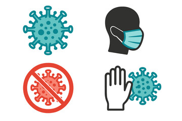 Coronavirus Prevention and Safety Icon Set. COVID-19 pandemic protection. Virus symbol, medical mask on face, hand stop virus, prohibitory sign, healthcare, outbreak, stop spread, hygiene, quarantine.