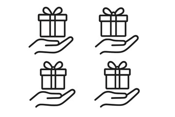 Naklejka premium Gift in hand icon set. Concept of giving, receiving a present. Charity, donation, support pictogram. Surprise, birthday, celebration. Loyalty program bonus vector line art.