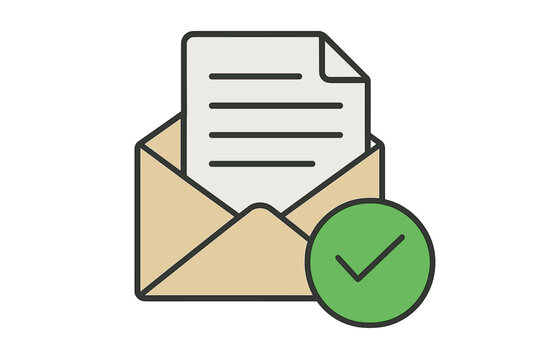 Mail with green check mark icon. Approved document in envelope. Concept of successful message delivery, email confirmation, verification complete, and positive notification.