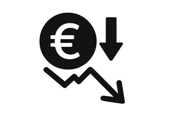 Euro cost reduction vector icon. Financial crisis, recession, inflation, and bankruptcy concept. Price and value decrease. Down arrow graph chart. Devaluation and loss symbol.