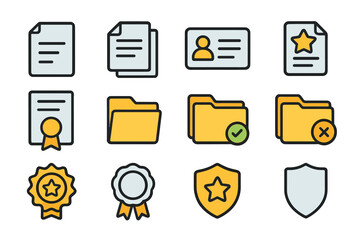Document icon set. Vector line icons for file management, ID card, certificate. Includes award badge, folder, data security shield. For app and web interface design.