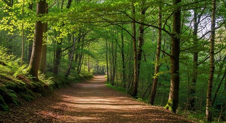 Fototapeta premium A serene forest pathway meanders gently under a luminous green canopy, inviting peaceful exploration and quiet contemplation amidst nature's vibrant embrace