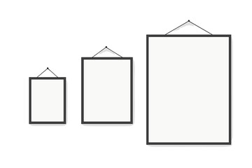 Hanging photo frames mockup. Poster template set. Blank picture frame isolated. Gallery wall art decoration. Paper portfolio display. Minimalist vector illustration. Empty frames.