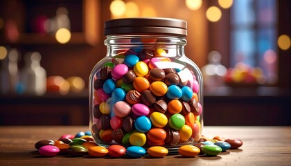 A glass jar overflowing with colorful, round candies sits on a wooden surface, with a few candies scattered around. The background is out of focus