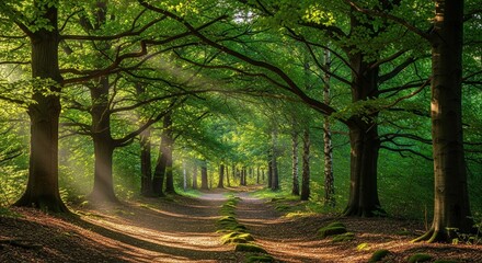 Obraz premium Golden sun illuminates a serene path winding through lush green forest canopy. Tall trees create a tranquil woodland scene perfect for peaceful nature walks
