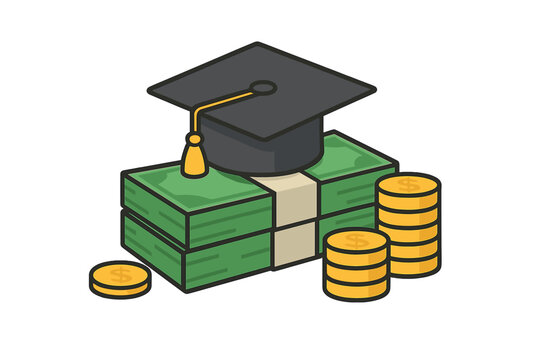 Graduation cap on money stack. Concept of education costs, tuition fees, student loan debt. Investment in academic knowledge. College savings, scholarship fund, study cash. Vector.