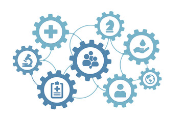 Healthcare mechanism concept with connected gears and icons. Abstract illustration for medical, health, strategy, care, medicine, network, community and global health vector.