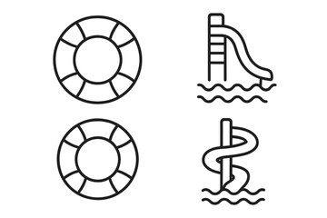 Lifeline and water slide line icon collection. Simple isolated vector set for water park, pool, and summer vacation themes. Lifebuoy for safety and rescue. Editable stroke.