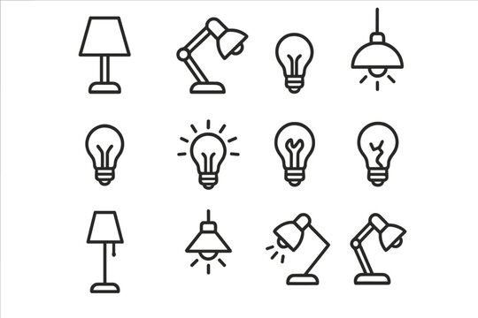Light bulb and lamp line icon set. Idea, solution, innovation concept. Electricity energy symbol. Working and broken lightbulb. Outline pictogram collection for web, app design.