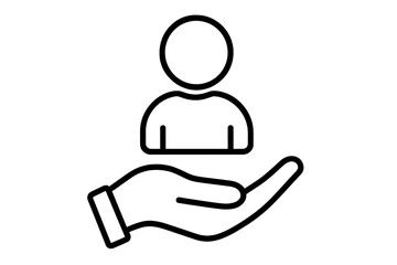 Customer care and support concept. User in hand icon. Employee safety and protection. Human resources, personnel management, life insurance metaphor. Vector line graphic illustration.