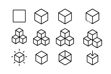 Cube icon collection. Line art vector set of 3D boxes and blocks. Isometric design elements for logistics, data, packaging and blockchain concepts. Editable stroke symbols.