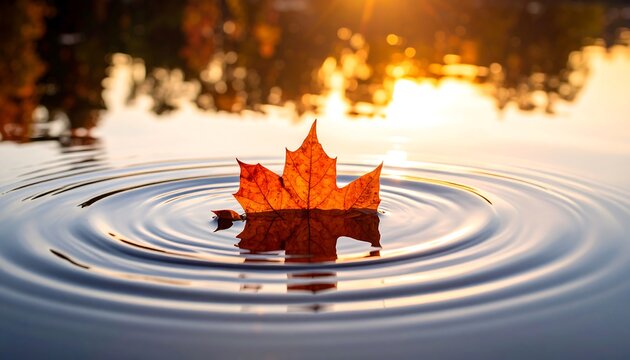 Autumn leaf on rippled water at sunset
