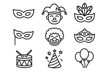 Carnival party icon set with thin line symbols. Vector collection of masquerade masks, clown, jester, drum, and balloons for celebration design. Editable stroke for web and apps.