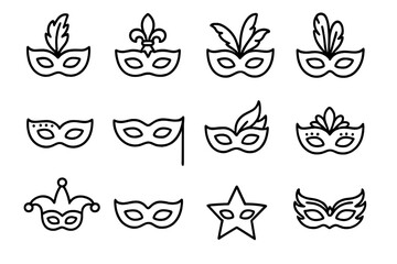 Carnival mask line icon set. Masquerade, Mardi Gras, and Venetian festival symbols. Vector collection of decorative party face masks with feathers. Editable stroke pictogram.