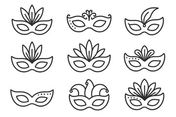 Carnival mask thin line icon set. Masquerade ball party vector collection. Venetian festival, Mardi Gras celebration symbols. Holiday disguise costume outline illustration.