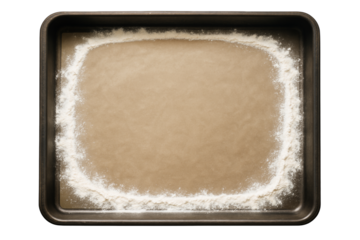 Empty baking tray with brown parchment paper and flour around edges, isolated on white background, clean cooking concept. Ai generative