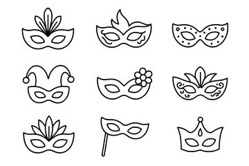 Carnival mask thin line icon collection. Masquerade party vector set. Editable stroke icons for celebration, festival, Mardi Gras, Venice, or theater costume design concept.