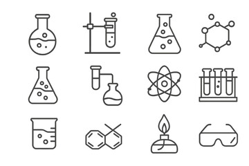 Chemistry line icon set. Science laboratory outline pictograms. Vector symbols for experiment, research, education. Lab equipment, flask, test tube, atom, molecule. Editable stroke.