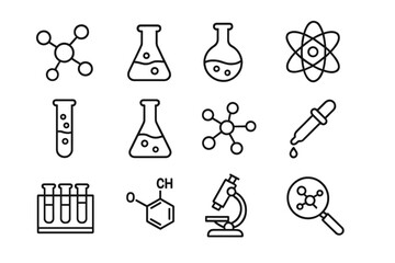 Science and chemistry line icon collection. Modern vector symbols for laboratory, research, and education. Includes molecule, atom, flask, test tube, microscope, and pipette.