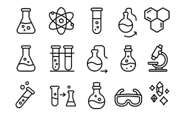 Chemistry line icon set. Science and education symbols collection. Laboratory research, experiment equipment. Vector outline icons of flask, test tube, atom, molecule, microscope.