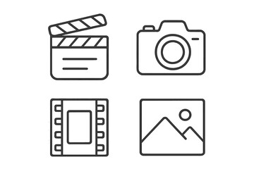 Cinema and photography line icon set. Minimalist vector pictogram collection with clapperboard, photo camera, film strip, and picture symbol. Editable stroke for web or app design.